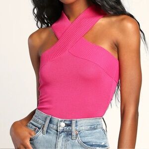 Lulus Don't Cross Me Hot Pink Sweater Knit Sleeveless Bodysuit